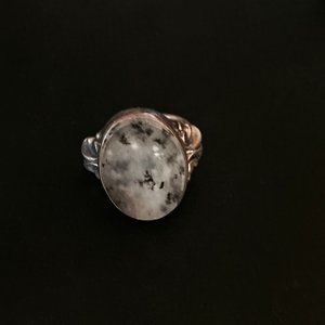 Art Nouveau Moss Agate Silver Ring , Size 7